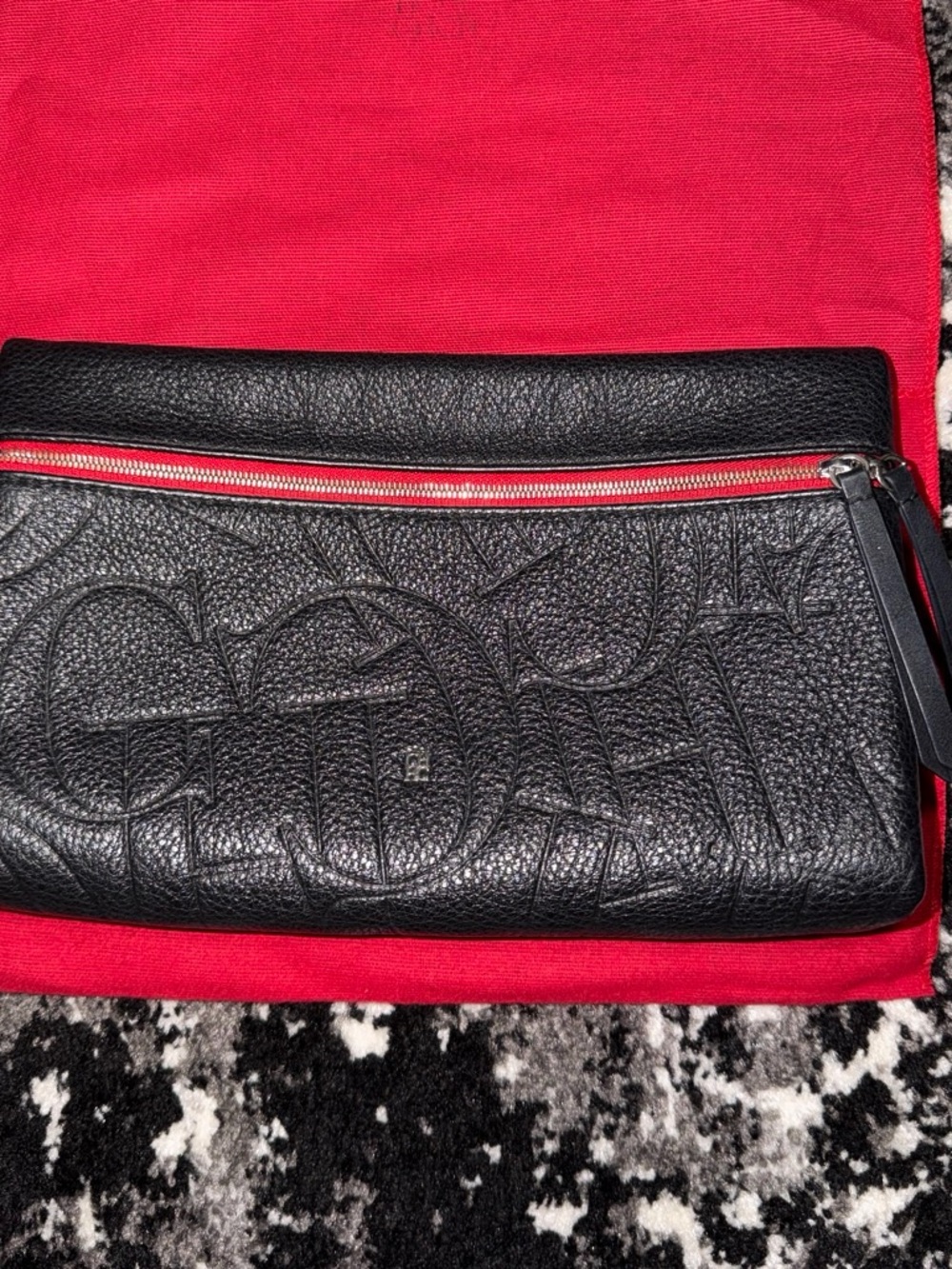 Carolina Herrera Black Embossed Leather Wristlet Clutch with Red Trim